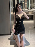 Poshoot Women Summer Bud Solid Camisole Folds Breast Wrapping Dress Sexy Hollow Deep New Sweet V-neck Thin Suspender Dress Mature SAU8