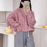 Poshoot Korean Fashion Cropped Cardigans Women Sweet Candy Colors V Neck Cardigan Coats Woman Long Sleeve Knitted Sweater Coat