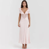 Poshoot-Suninheart Wedding Guest Dresses Women 2023 Autumn Pink Elegant Short Sleeve Lace Party Dresses Long Maxi Formal Occasion Dress