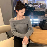 Poshoot Sweet off-Shoulder Knit Sweater Women Elegant High Sense Slimming Fairy Clavicle Hanging Neck Top Female Spring Autumn Dailywear