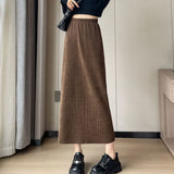 Poshoot Rimcoy Vintage Corduroy Midi Skirt Women Autumn Winter High Waist Split Skirts Woman Elegant Solid Color One-Step Skirt Female