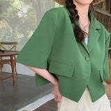 Poshoot Korean Fashion Green Women's Blazer Summer Thin Short Sleeve Blazers for Women 2024 Chic Single Breasted Cropped Jacket Female