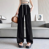 Poshoot-Women's Spring Summer Casual Wide Leg Suit Pants Lady Summer High Waist Elastic Waist Full Length Loose Suit Pants