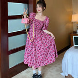 Poshoot Pink Print Square Collar Dress Women Elegant Puff Sleeve Flower Long Dresses Woman Summer Slim Waist Chiffon Dress Ladies