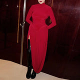 Poshoot Red Patchwork Slit Maxi Dress Female Solid High Neck Long Sleeve Party Club Dress Sexy Gathered Pullover Slim Dress Robe