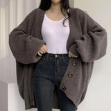 Poshoot Oversized Knit Cardigan for Women 2024 Korean Fashion Long Sleeve Sweater Woman Chic Single Breasted Loose Cardigan Coat