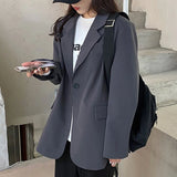 Poshoot Lcuyever Korean Style Gray Blazer for Women Spring Autumn Long Sleeve Loose Suit Coat Woman Single Breasted Chic Jackert Female