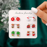 Poshoot 6 Pairs/Set Christmas Stud Earring For Women Cute Cartoon Resin Snowflake Santa Claus Elk Earrings Girl Party New Year Jewelry