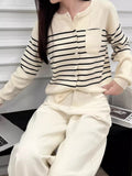 Poshoot Vintage Striped Knitted Sweater Women Beige Casual Cropped Cardigan Mujer Long Sleeve Knitwear Autumn Winter Jersey