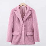 Talenza Women's Plush Jacket Fall and Winter Loose Lapel Plush Jacket Elegant Long Sleeve Button Office Women's Blazer Warm Coat