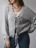 Poshoot Women Y2k Tie Front Knitted Cardigan Sweater Long Sleeve Open Front Oversized Cardigan Knitwear Tops Streetwear