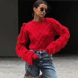 Poshoot Knitted O-Neck Sweater Women's Autumn Winter Fashion Tassel Long Sleeve Short Solid Slim Top Casual Streetwear Pullover