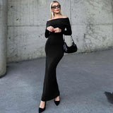 Poshoot High Waisted One Shoulder Long Dress Female Sexy Backless Slim Evening Gown Elegant Tight Pleated Long Sleeve Long Dress