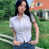 Poshoot Korean Slim Fit White Shirt Women Summer Y2K Short Sleeve Crop Top Blouses Woman Preppy Style Button Up Basic T Shirts