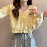 Poshoot Y2K Knitted Cropped Cardigan Sweater Women Korean Short Long Sleeve Crop Tops Woman Solid Color V Neck Cardigans Female