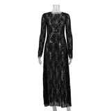 Poshoot Sexy See-through Lace Floral Maxi Dress Women's Black Long Sleeve O Neck Loose Resort Dress High Waist Party Dress Robe