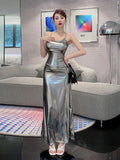 Poshoot Sexy Style Light Luxury Spicy Girl Liquid Bright Female Korean Indie Style Silver Dress Elegant Party Fashion TemperamentBMI6