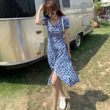 Poshoot Korean Fashion Printed Flower Dress Women 2024 Summer Side Split Short Sleeves Dress Woman V Neck Beach Long Dresses