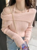 Poshoot Sweet off-Shoulder Knit Sweater Women Elegant High Sense Slimming Fairy Clavicle Hanging Neck Top Female Spring Autumn Dailywear