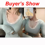 Poshoot Cute Long Sleeve Y2K Tight Shirt Women 2024 Sexy Lace Round Neck Tshirt Woman 2000S Slim Fit Blue Bottoming Tops Female