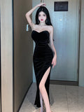 Poshoot 2023 Summer Women's Sexy Temperament ceremonial dress Wrapped Chest backless High Split Velvet Wrapped Hip Red Long Dress FQ4B