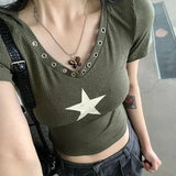 Poshoot Harajuku Streetwear V Neck T Shirts Women Summer Star Printed Short Sleeve Crop Tops Woman Slim Fit Y2K Tee Top Female