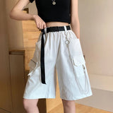 Poshoot Harajuku Chain Cargo Shorts Women 2024 Summer Big Pockets Wide Leg Shorts Woman Black High Waist Streetwear Shorts Female