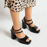 Poshoot Female Sandals Square Toe Heels 10cm Platform 2cm Double Buckle Straps