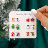 Poshoot 6 Pairs/Set Christmas Stud Earring For Women Cute Cartoon Resin Snowflake Santa Claus Elk Earrings Girl Party New Year Jewelry