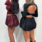 Poshoot Women's Short Skirt Two Piece Sexy Tight Backless Twist Top High Waist Pleated A-Line Skirt Elegant Female Skirt Set Y2k