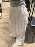 Poshoot Wide Leg White Linen Pants Woman Casual Basic Summer 2024 Oversize Female Straight Trousers Baggy Elastic Waist Pants