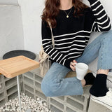 Poshoot Korean Style Striped Sweater Woman All Match Long Sleeve Knit Pullover Women Autumn Winter Basic O Neck Bottoming Shirt