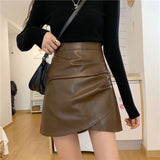 Poshoot Pleated Pu Leather Short Skirts Women Spring Summer High Waist Irregular Skirt Woman Zipper Up Streetwear Skirts Mujer