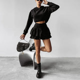 Poshoot Casual Short Skirt Two-piece Set Women's Fall Black Hooded Long Sleeve Top Pleated A-Line Skirt Set Y2k Female Skirt Set