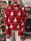 Poshoot Women's Christmas Loose Sweaters Christmas Tree Print Long Sleeve Round Neck Knitwear Pullovers