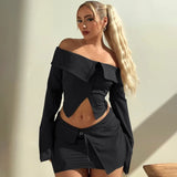 Poshoot Women's Short Skirt 2-piece Fall Solid Cardigan Button Short Long Sleeve Top Slim Skirt Set Sexy Street Female Skirt Set