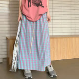 Poshoot Korean Y2K Plaid Skirts for Women 2024 Streetwear Drawstring High Waist Long Skirt Woman Summer Loose A-Line Skirt Female