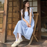 Poshoot Sweet Lace Up Spaghetti Strap Dresses Women Summer Long Solid Color Sleeveless Dress Woman Japanese Style Loose A Line Dress