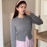 Poshoot Korean Fashion Gray Knitted Cardigan Women Chic Round Neck Cropped Cardigans Woman 2024 Elegant Single Breasted Sweater Coat