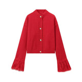 Poshoot Women's Casual O-neck Knitted Cardigan Autumn Fashion Single-Breasted Long-Sleeved Red Feather Patchwork Sweater  Jacket