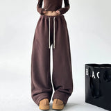 Poshoot Faux Lambswool Warm Wide-Leg Pants Women 2024 Chic Drawstring Waist Winter Joggers Woman Solid Color Loose Sweatpants Female