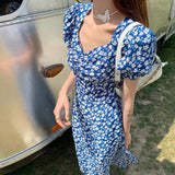 Poshoot Korean Fashion Printed Flower Dress Women 2024 Summer Side Split Short Sleeves Dress Woman V Neck Beach Long Dresses