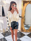 Poshoot Chic Open Shoulder Sleeve Butterfly Knot Knitted Sweater Women Hollow Out V-neck Solid Knitwear New full Fashion Casual Cardigan