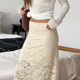 Poshoot Elegant Lace See-through Long Skirt Women's Sexy Patchwork Skirt Solid Casual Loose High Waist Slim Retro Long Skirt Y2k