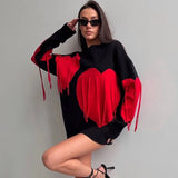 Poshoot Heart Print Sweater Women's O-Neck Long Sleeve Pullover Sweater Casual Knitted Tassel Sweater Loose Women's Streetwear