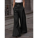 Poshoot Autumn Winter Women's Faux Pu Long Pants  High Waisted Loose Pleated Pockets Streetwear Female Wide Leg Trousers