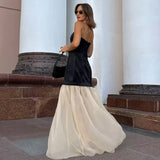 Poshoot Elegant Strapless Backless Long Dress Women's Sexy Tube Top Color Block A-Line Dress High Waist Sleeveless Evening Gown