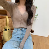 Poshoot Knitted V Neck Sweater Women 2024 Basic Single Breasted Slim Cardigan Woman Solid Color Long Sleeve Cardigan Coat Female