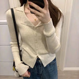 Poshoot Korean Fashion V Neck Knitted Cardigan Women 2024 Spring Solid Color Lapel Sweater Woman Chic Long Sleeve Jumper Tops