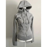 Poshoot Grey Faux Fur Wool Double Zipper Jacket Hoodies Women's Slim Waist Hooded Vintage Y2k Coats Ropa Mujer Casual Fashion Sweatshirt